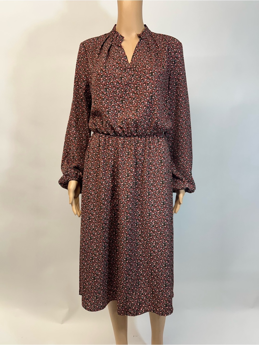 Source Unknown Burgundy Floral Long-Sleeve Midi Dress